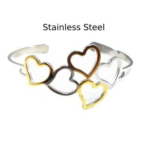 Vintage Stainless Steel Tricolor Heart Cuff Bracelet Silver Gold Copper